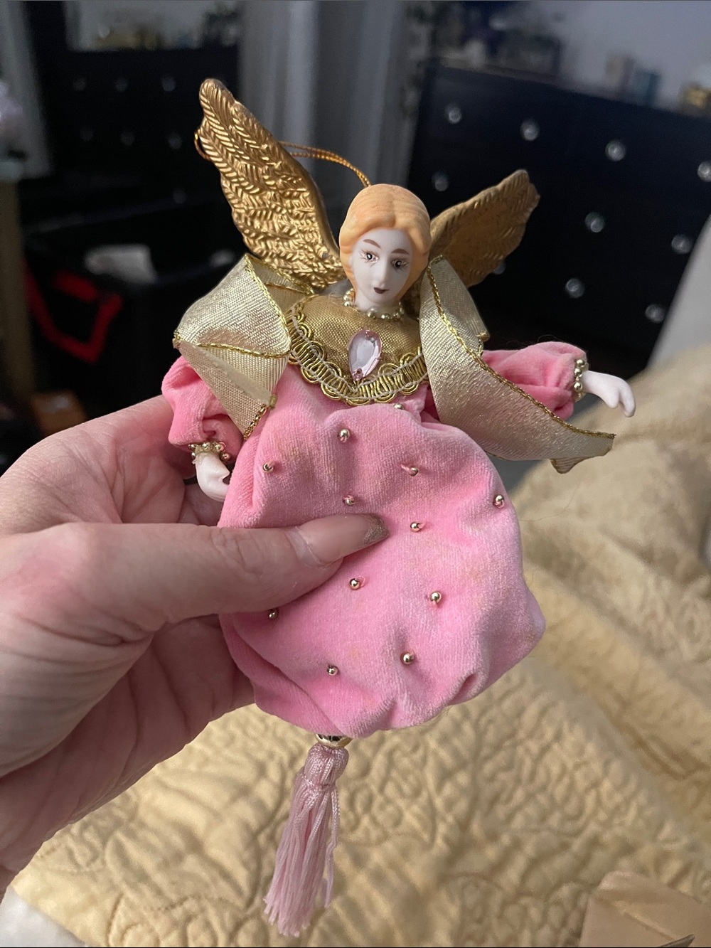Vintage Avon Pink Angel Tree Ornament for Kids Accessories - Gold Wings